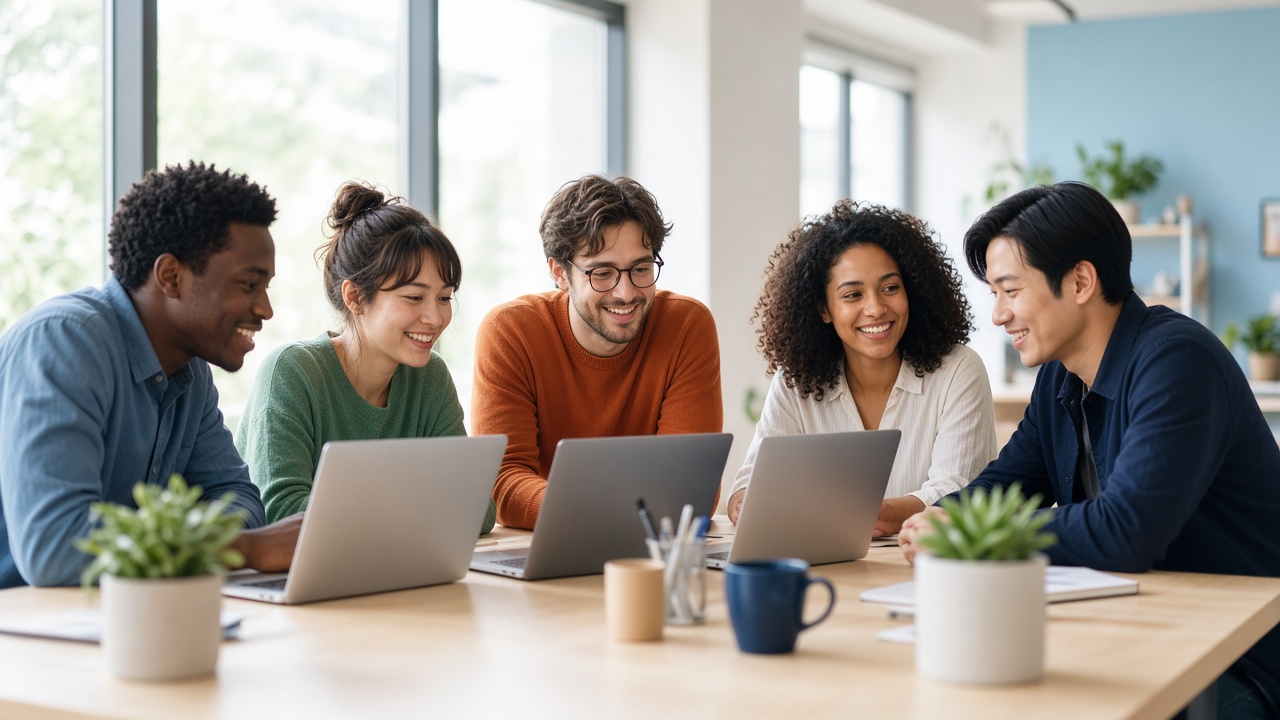 People collaborating together in a bright community workspace