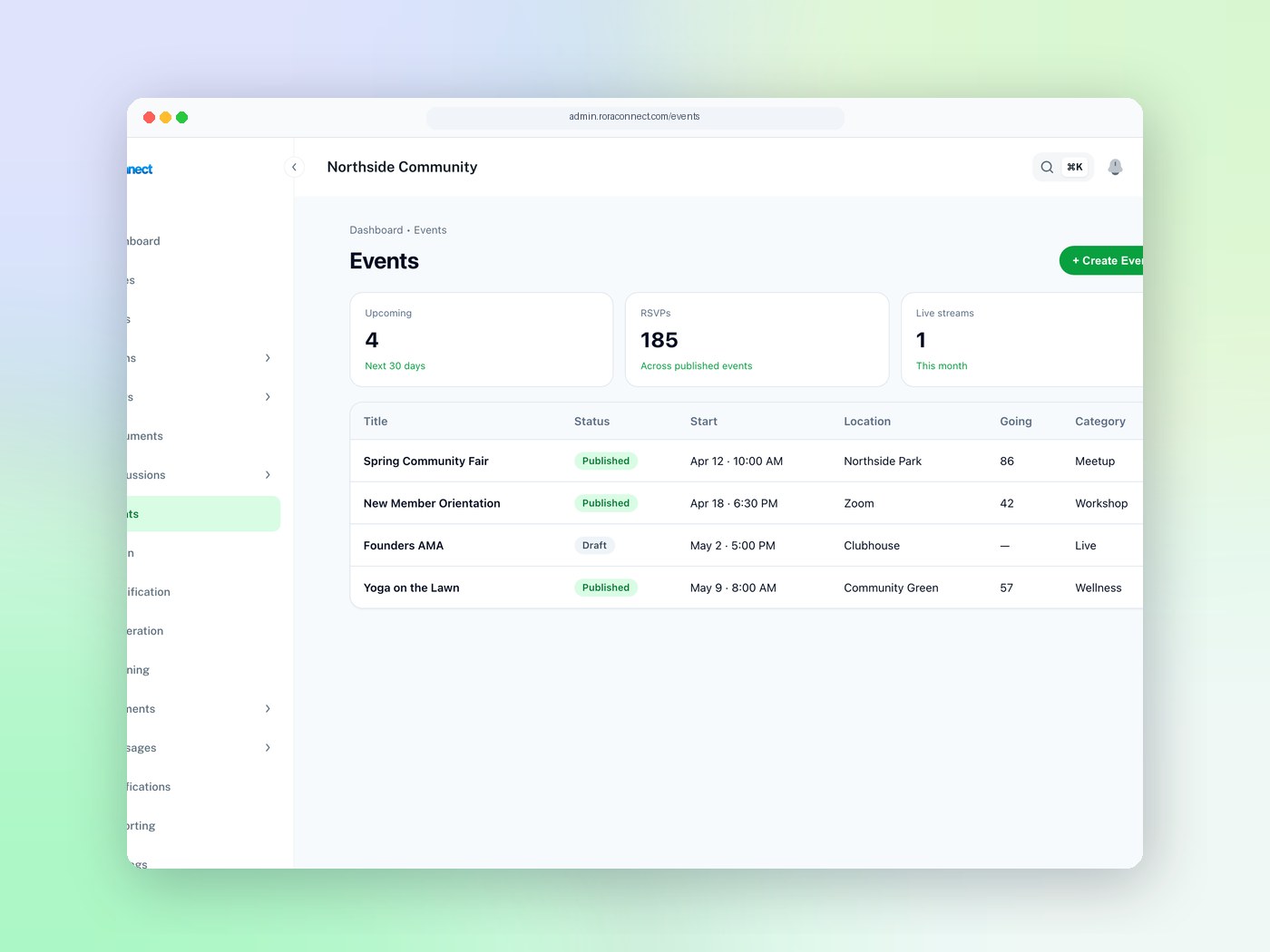 RoraConnect Events list with published meetups and RSVPs